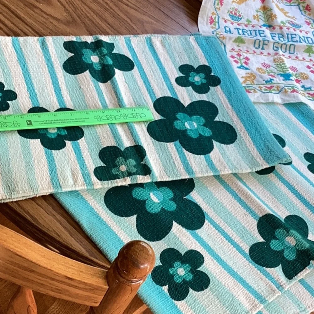 🦋  Placemats Set of FOUR TEAL COTTON PLACEMATS FLORAL STRIPED EPLC